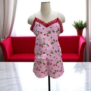 Pink Rose Print Satin Pajama Set With Lace Trim Cami Shorts Loungewear